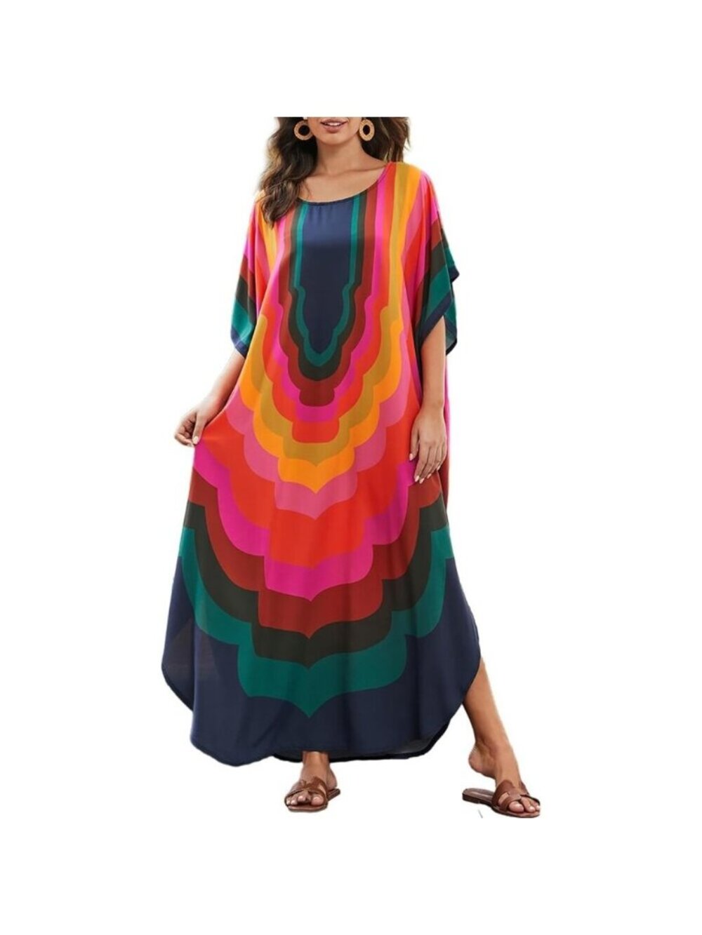 Women's A-Colored Geometry Kaftan Dress V Neck Swimsuit Cover-Up Loungewear